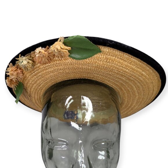 Vintage MGM Elizabeth Taylor Original Child Straw & Floral Hat Black Velvet Trim - Picture 4 of 13